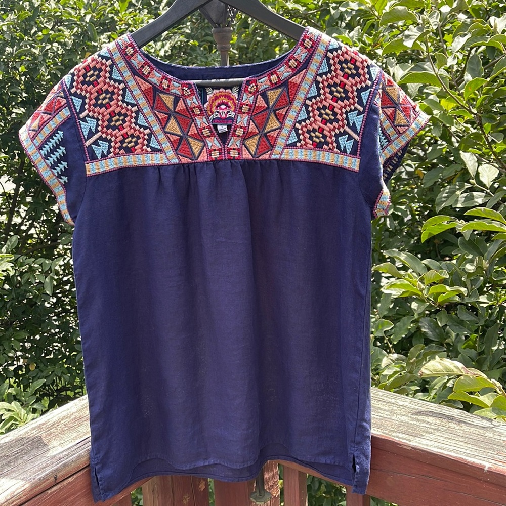 JOHNNY WAS Ezra Navy Geometric Embroidered Linen Boho Top Size Small
